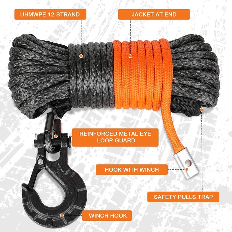 Aomifunny حبل ونش صناعي، 1/4" × 50 قدم 10000 رطل حبل ونش، كابل ونش صناعي مع غلاف واقي + خطاف ونش + حزام سحب أمان لمركبات الطرق الوعرة ATV UTV SUV (أسود) - Image 2